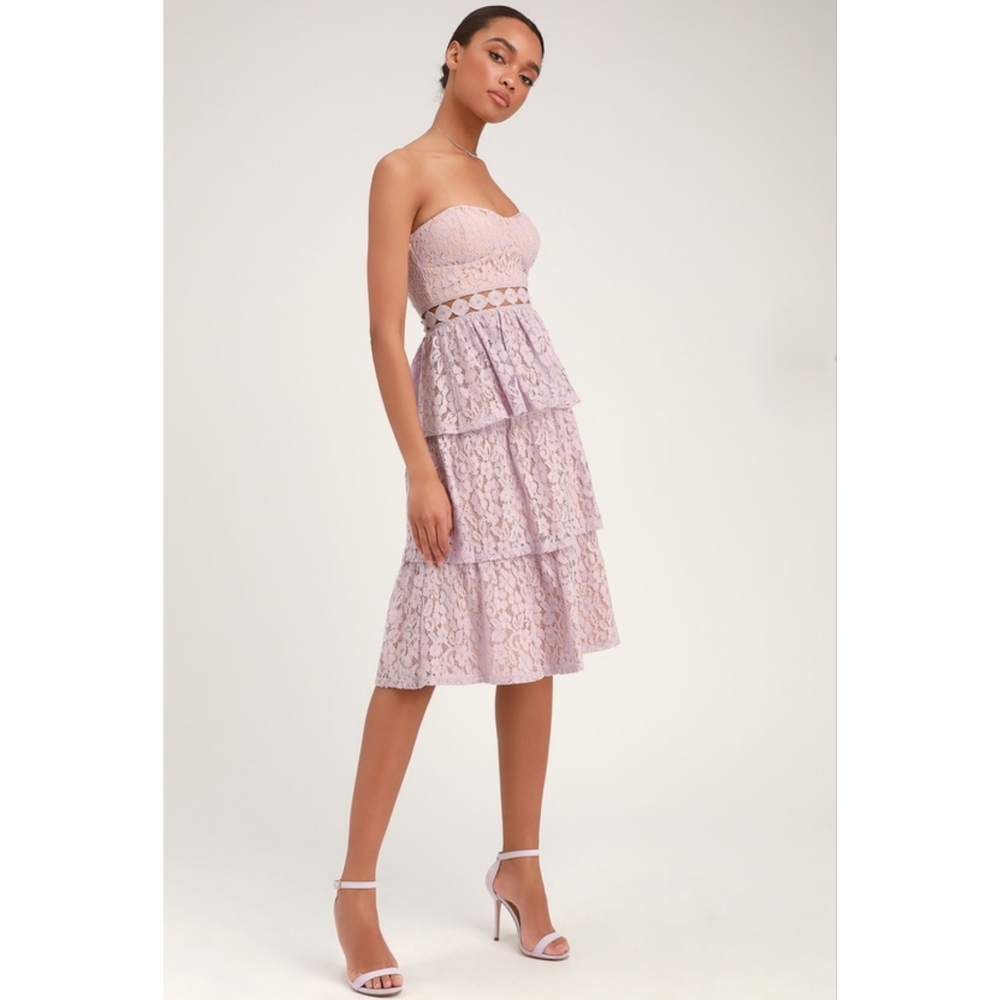 NWT Lulus Adorn Lavender Lace Strapless Midi Dress